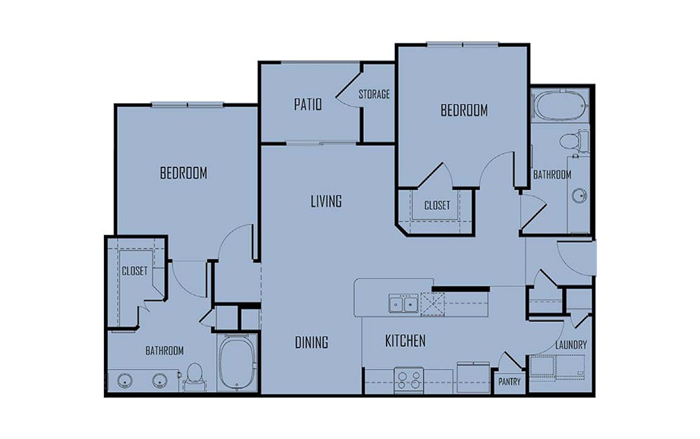 B2 - 2 bedroom floorplan layout with 2 baths and 1092 square feet. (2D) B2 - 2 bedroom floorplan layout with 2 baths and 1092 square feet. (2D)